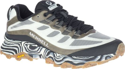 Running shoe, with a decorative black and white patterned midsole, black laces, and the word "MERRELL" on the side.