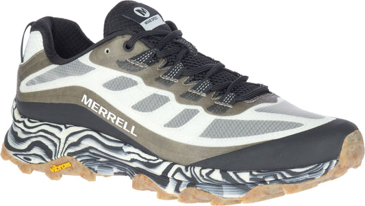 A trail running shoe with a white upper, black laces, a brown and black midsole, and a brown lugged outsole. "MERRELL" is printed in gray on the side.