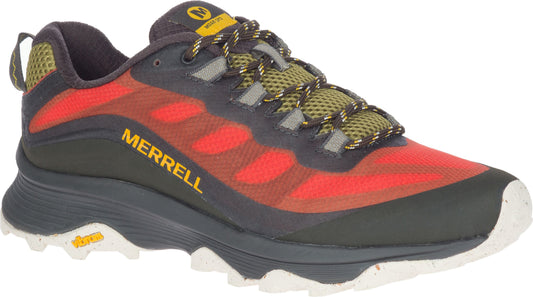 A low-rise athletic shoe, red with black overlay, features a lug sole, a pull tab and the word MERRELL in yellow.
