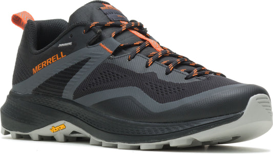 Black trail running shoe with orange accents and a gray sole.