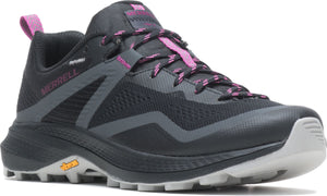 Black athletic shoe with a grey trim and pink accents, featuring a rugged sole and waterproof label.