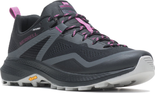 Black athletic shoe with a grey trim and pink accents, featuring a rugged sole and waterproof label.
