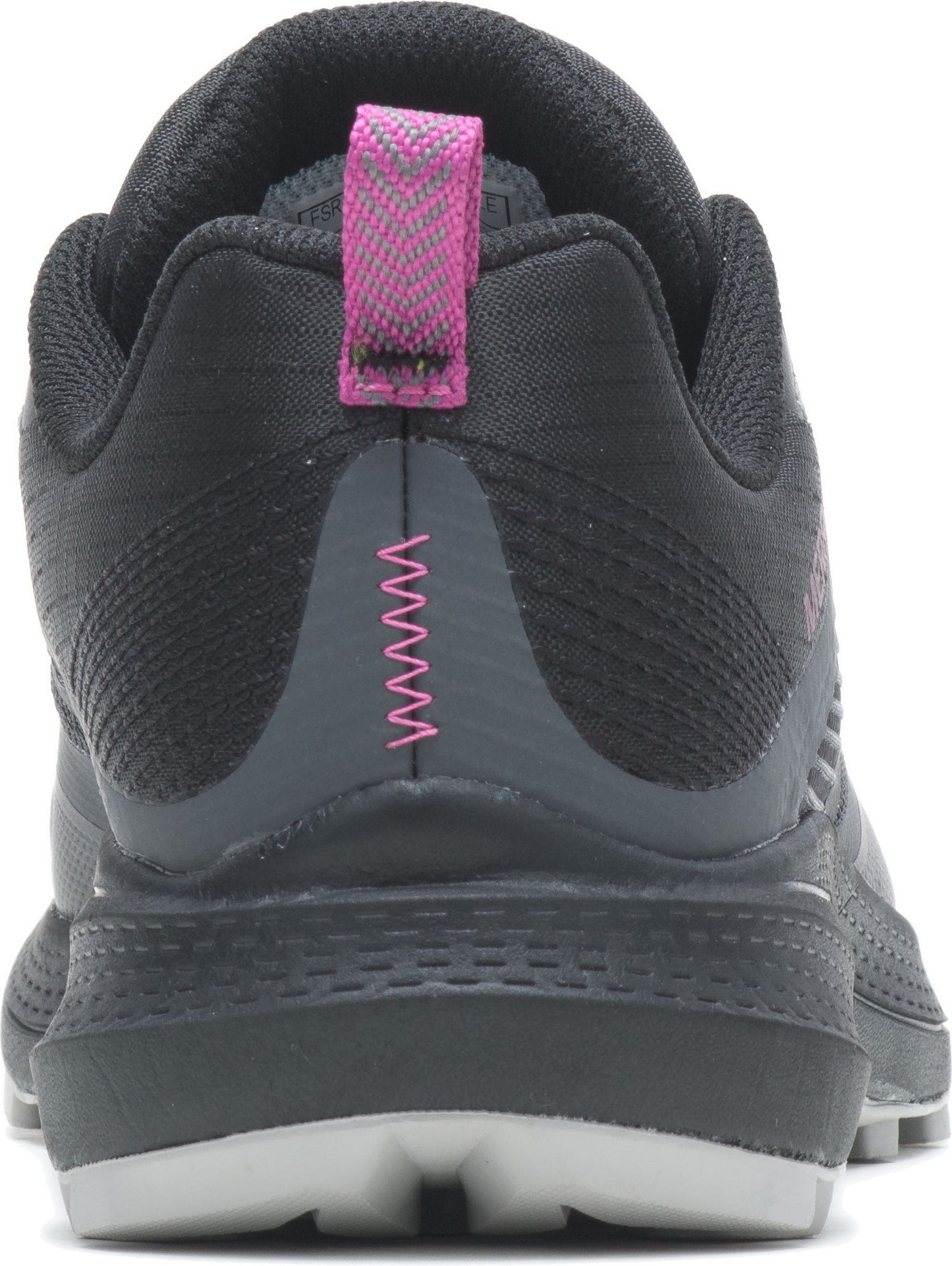 Close-up of a black athletic shoe with a gray heel counter and pink details.