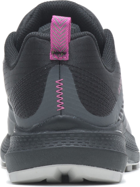 Close-up of a black athletic shoe with a gray heel counter and pink details.