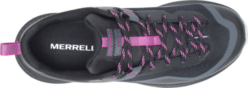 A top-down view of a black running shoe with pink accents, including the laces and heel loop, with the brand "MERRELL" visible on the insole.