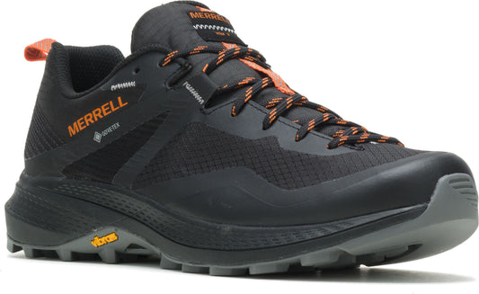 A black athletic shoe with orange accents and GORE-TEX, featuring orange and black patterned laces.