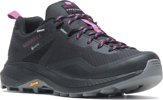 Black low-top hiking shoe with pink accents, Gore-Tex logo.