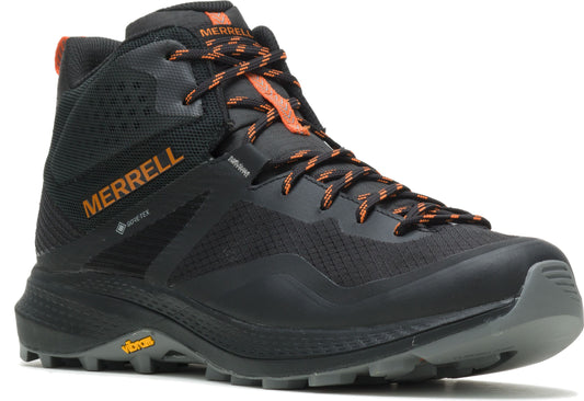 Black hiking boot with orange accents, high top, and lace up closure.