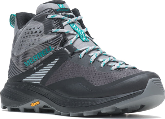 Gray and black high-top hiking shoe with teal accents and laces.