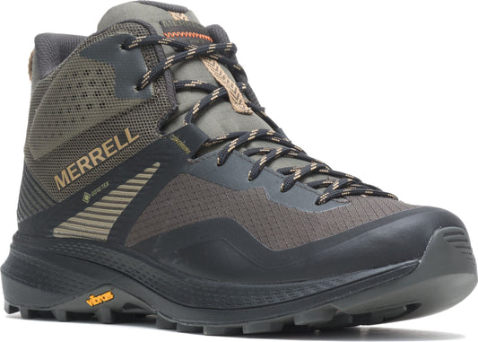 Mid-height hiking boot with brown and gray panels, black sole, and the text "MERRELL" and "GORE-TEX" printed on the side.