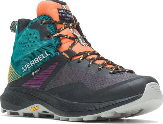 Hiking boot with a black outsole and gray upper, featuring a teal and orange padded ankle area with the word "MERRELL" in white on the side.
