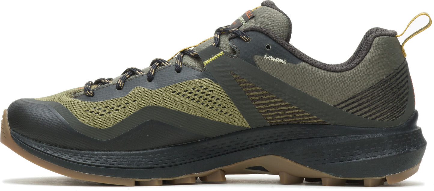 A green and brown trail running shoe with a mesh upper, a black midsole, and a brown outsole.