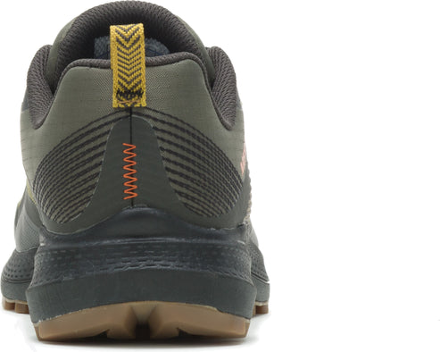Rear view of a low-profile hiking shoe in olive with a brown sole, with an orange zigzag stitch.
