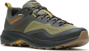 Olive green waterproof low-rise trail shoe with orange "MERRELL" text logo on the side, brown rubber outsole and patterned laces.