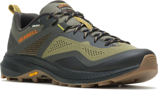 Olive green waterproof low-rise trail shoe with orange "MERRELL" text logo on the side, brown rubber outsole and patterned laces.