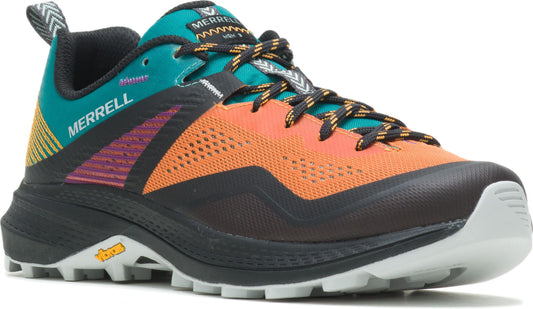 Low-cut trail shoe with teal, orange, and black uppers, laces, a lugged white and black sole, and the word "MERRELL" on the side.