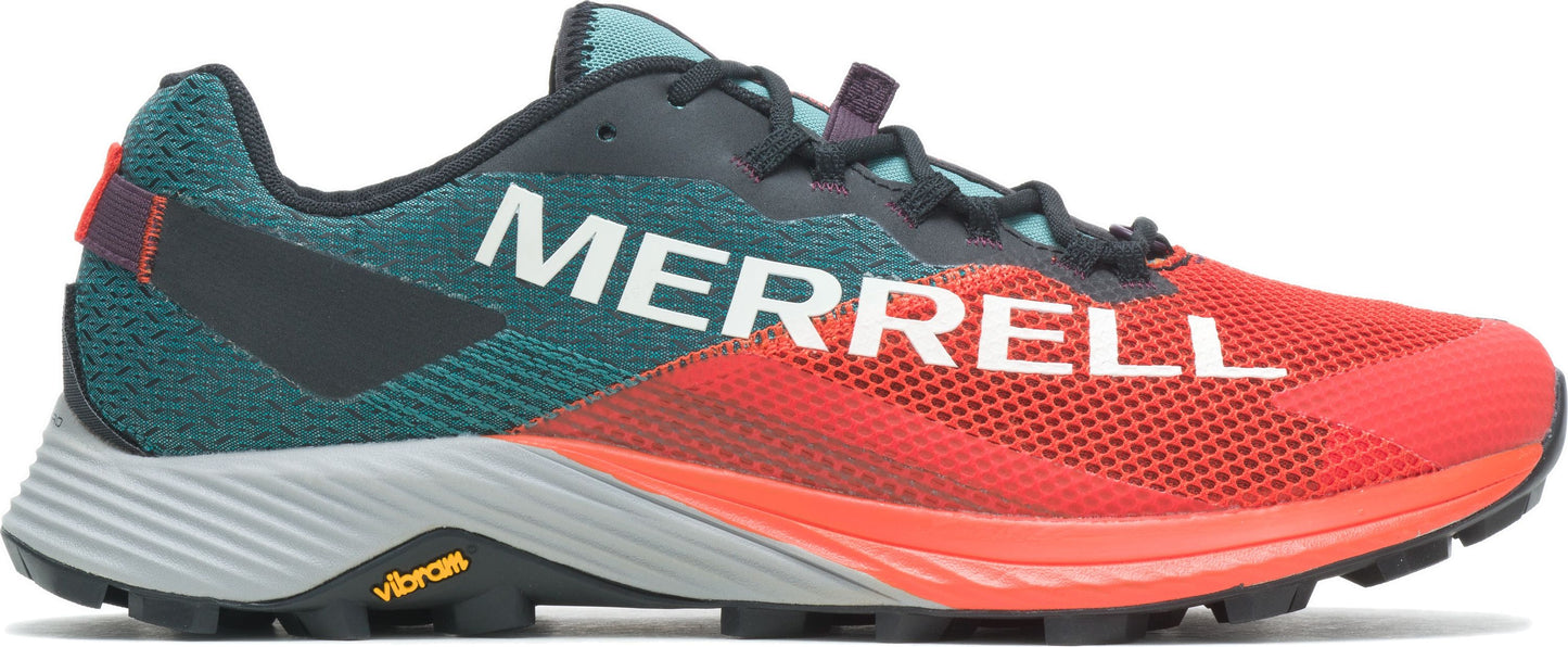 A running shoe featuring a teal mesh toe transitioning to a red heel, with white lettering 'MERRELL' emblazoned across the side.