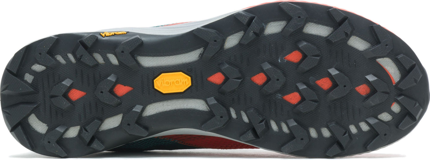 Sole of a hiking shoe with dark gray treads and a yellow Vibram logo in the center.