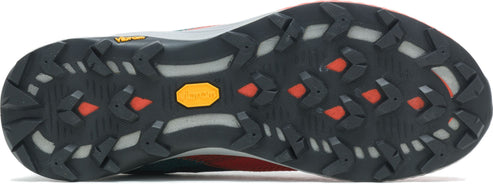 Sole of a hiking shoe with dark gray treads and a yellow Vibram logo in the center.