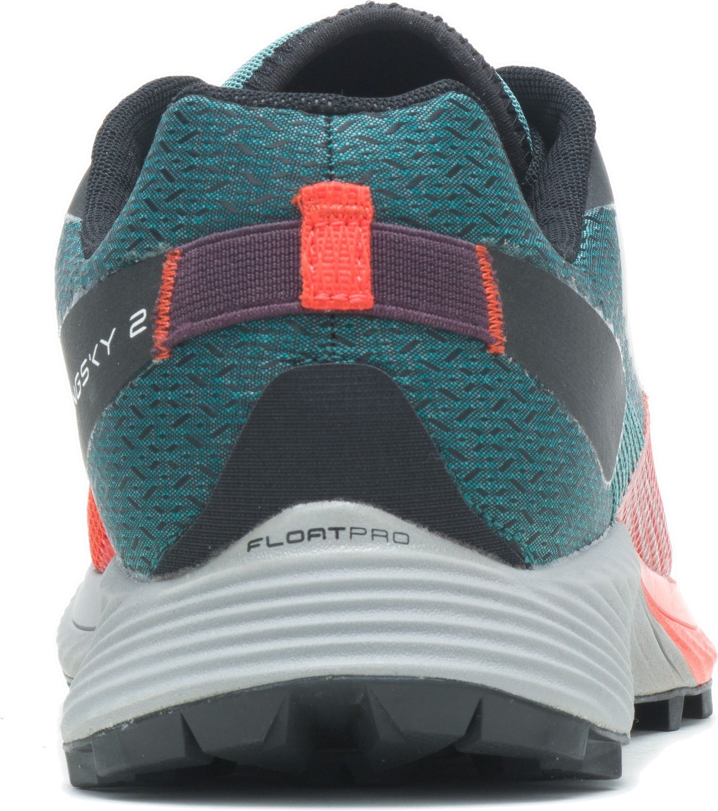 Rear view of trail running shoe with teal and pink upper, black padded collar, orange heel loop, purple and black heel strap and gray midsole. "FLOATPRO" is printed in white on the heel.