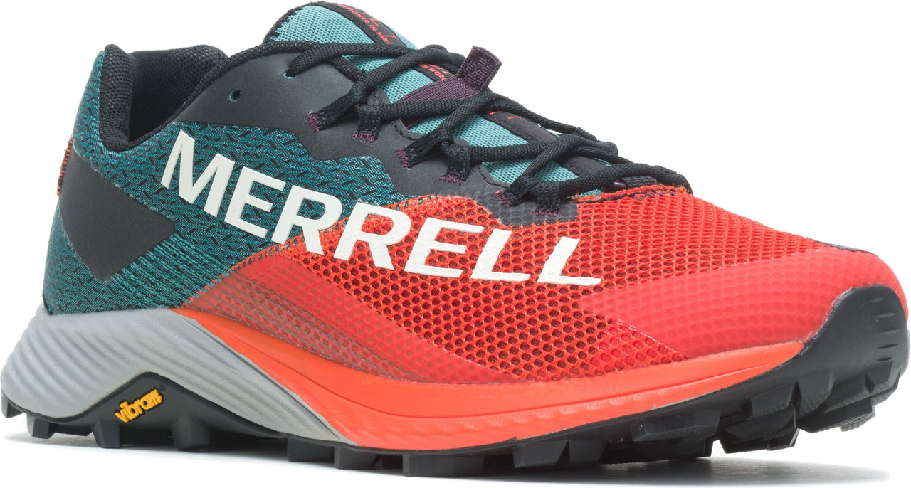 A low profile trail running shoe with MERRELL printed on the side, featuring a red mesh vamp and teal quarter panel, with dark laces.