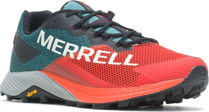 A low profile trail running shoe with MERRELL printed on the side, featuring a red mesh vamp and teal quarter panel, with dark laces.