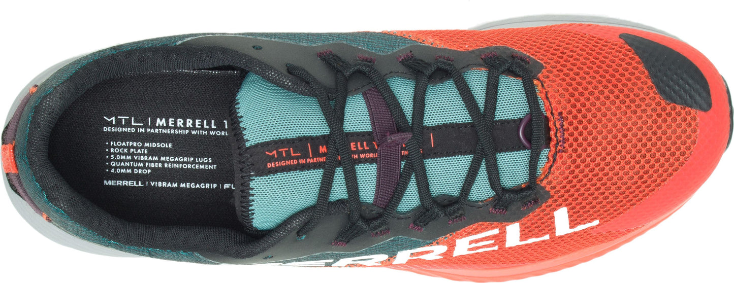 Top-down view of a running shoe displaying black laces and a coral-colored upper with visible "MERRELL" branding.