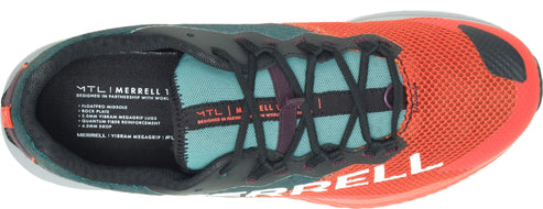 Top-down view of a running shoe displaying black laces and a coral-colored upper with visible "MERRELL" branding.