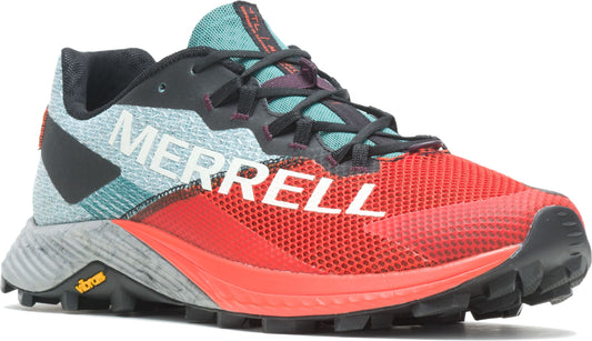 Trail running shoe with red mesh forefoot, gray and blue knit heel, and the word "MERRELL" in white.