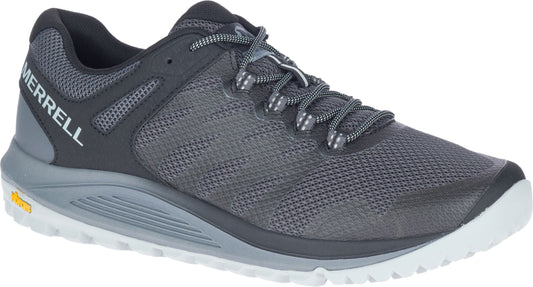 A grey athletic shoe with laces and white text on the side.