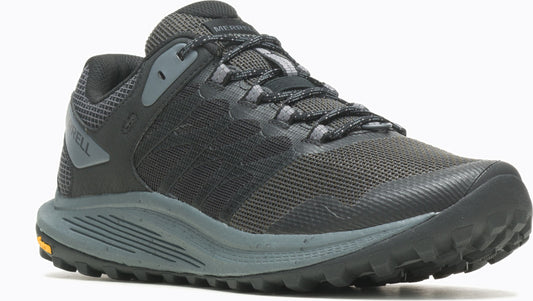 A dark-colored trail-running shoe with a breathable mesh upper, reinforced overlays, a cushioned midsole, and a lugged outsole.
