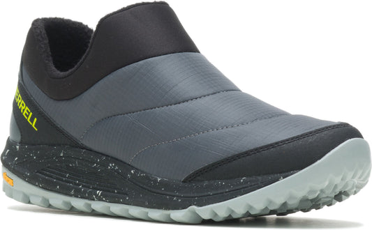 Low profile slip-on style shoe in grey quilted synthetic upper, black trim, light-grey traction outsole, and a yellow "MERRELL" brandmark.