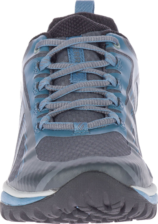 Front view of a gray and blue athletic shoe with laces.