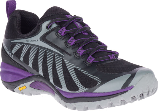Low-top athletic shoe with a black mesh upper, purple laces, and gray accents, featuring a waterproof label.