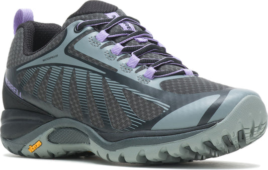 A waterproof low-top hiking shoe with gray mesh and accents, purple laces, and a dark gray midsole.