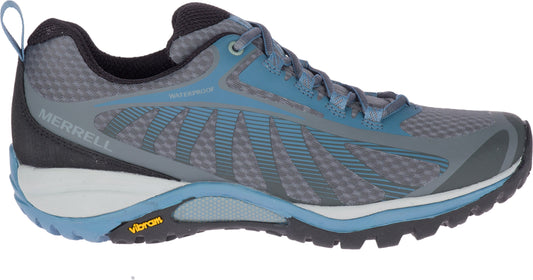 Trail running shoe with gray mesh upper and light blue accents and sole.