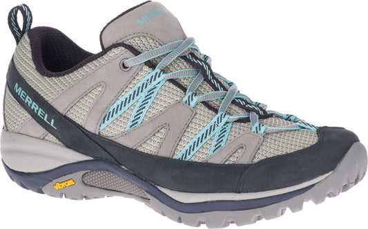 Gray hiking shoe with blue laces and soles. "MERRELL" is written in white on the heel.