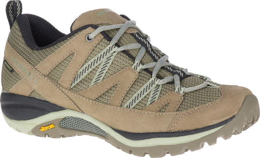 Tan hiking shoe with mesh and laces.