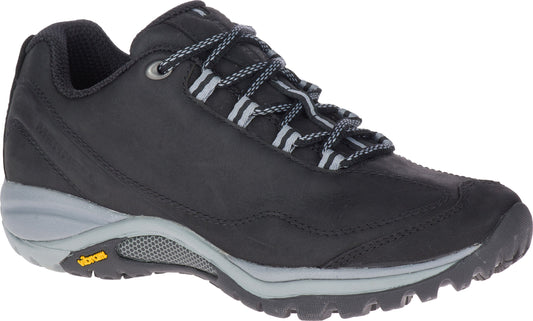 Black leather shoe with gray laces and gray Vibram sole.