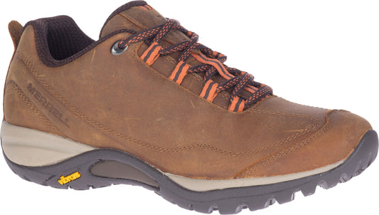 A brown leather hiking shoe with striped orange and brown laces, a beige midsole, and a black outsole with yellow logo.
