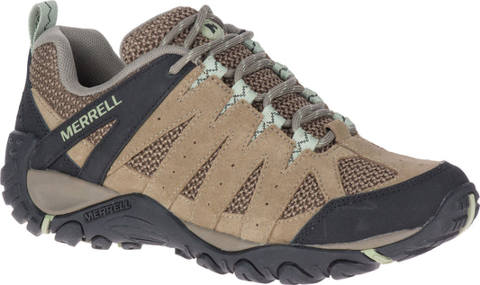 Hiking shoe with light brown suede and brown mesh upper, black accents, and a gray lining and laces on a black lug sole.