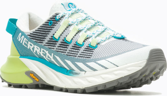 A running shoe with white and teal color accents, featuring the word "MERRELL" on its side.