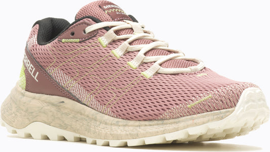 Rose mesh running shoe with white laces and chunky textured sole.