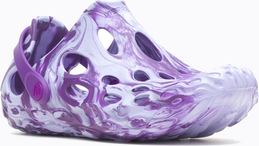 Purple and white marble-patterned clog with ventilation holes and a purple back strap.
