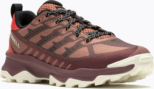 A maroon and black trail shoe with a white sole.