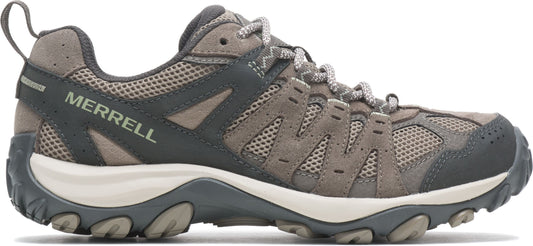 A low-cut hiking shoe in shades of gray with mesh and suede panels, and white midsole.