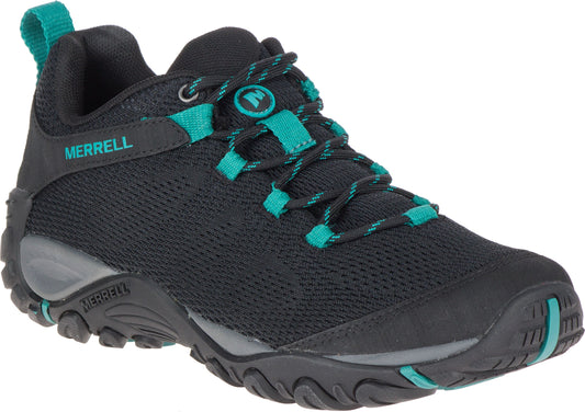 Black hiking shoe with teal accents, lugged sole and mesh upper.