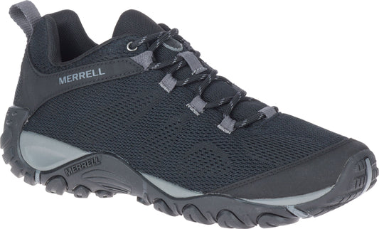 Black hiking shoe featuring mesh fabric, decorative grey accents and the word MERRELL visible.
