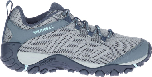 Gray athletic shoe with mesh upper, blue accents, and the word "MERRELL" on the side.