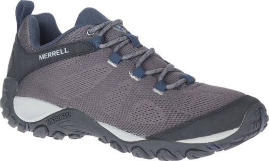 A gray low top athletic shoe with gray laces and a dark sole and heel.